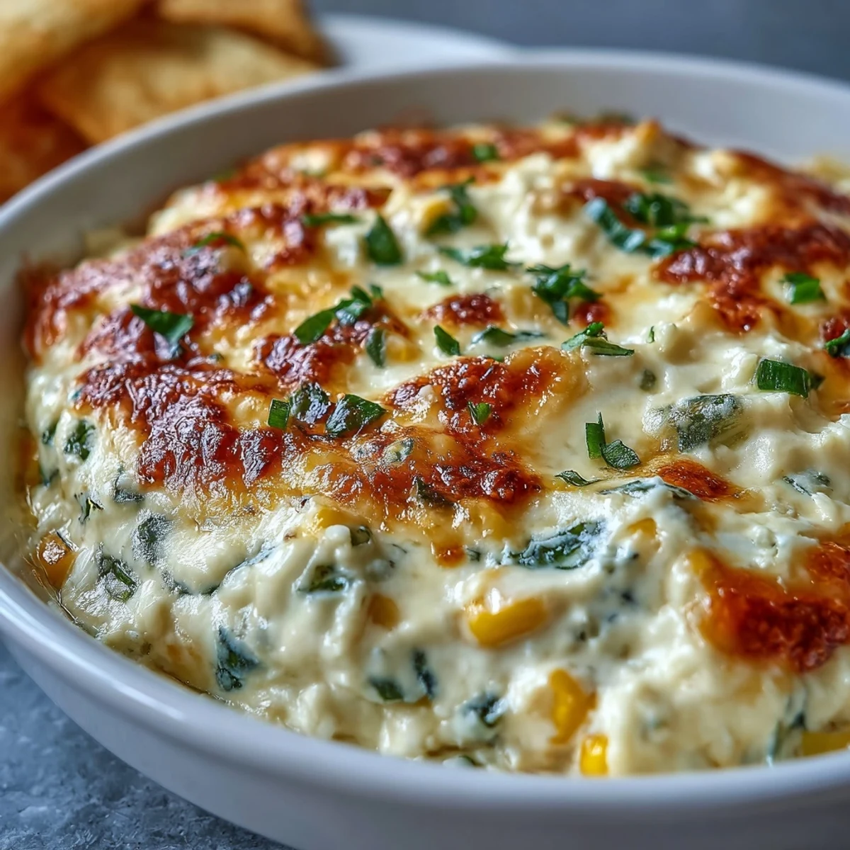 Freshly baked Crack Corn Dip with a golden crust, bubbling cheddar cheese, and chopped green onions on top.