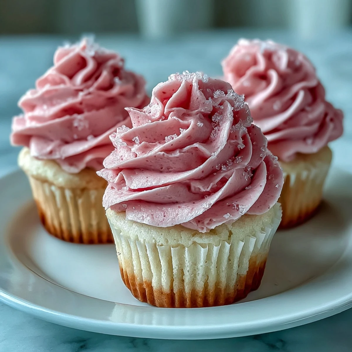 A single Pink Velvet Cupcake with creamy vanilla buttercream frosting and edible pearl garnish, showing its moist crumb.