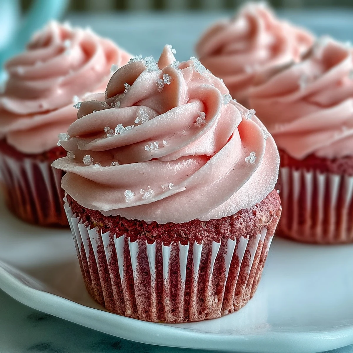 Close-up of Pink Velvet Cupcakes topped with swirls of vanilla buttercream frosting and colorful sprinkles.