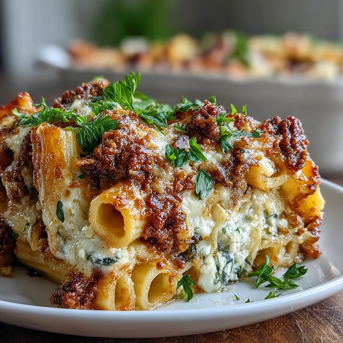 Golden-brown Cottage Cheese Protein Pasta Bake with Ground Beef, bubbling with melted mozzarella and fresh parsley garnish.