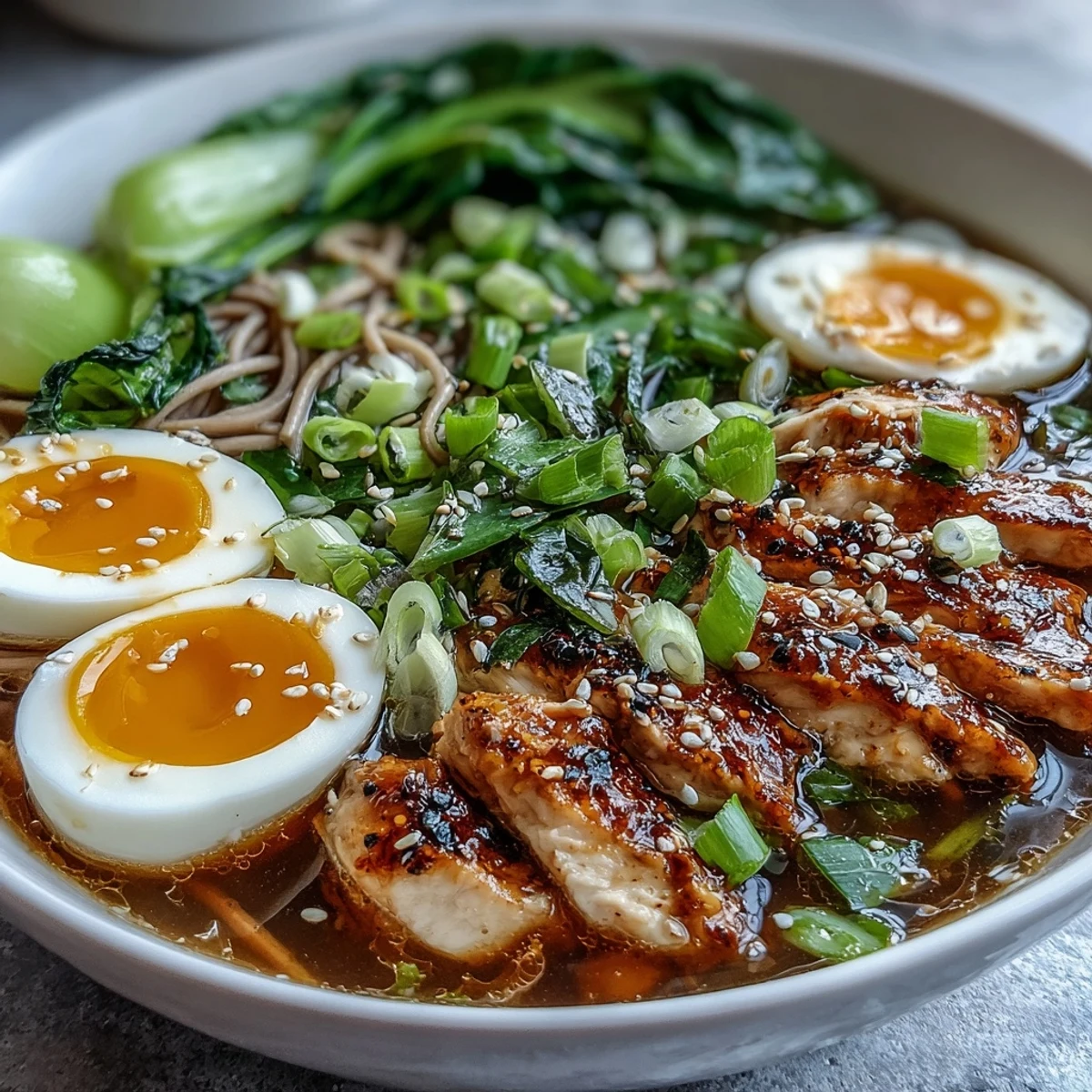 Overhead view of Healthy Miso Chicken Noodle Bowls, topped with soft-boiled eggs, scallions, sesame seeds, and drizzled chili oil.