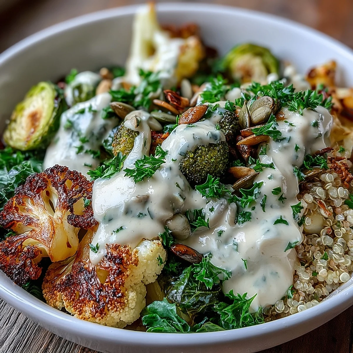 Hearty Roasted Brassica Bowl with charred Brussels sprouts, grains, and fresh parsley garnish served in a rustic ceramic bowl.