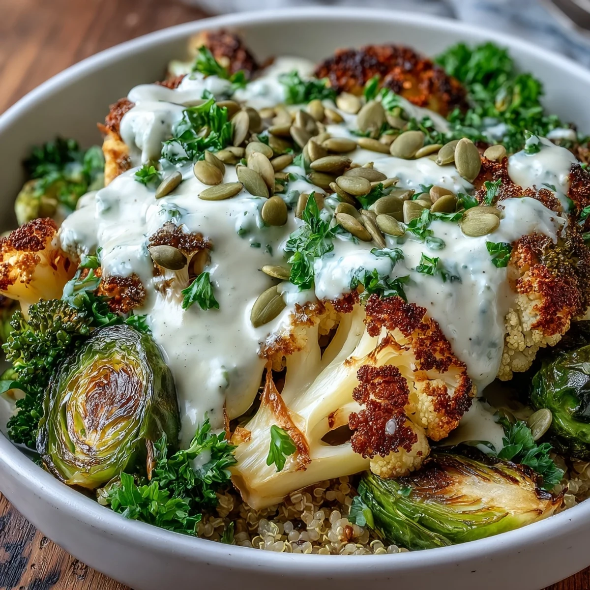 Zesty tahini-lemon dressing drizzled over a nourishing Roasted Brassica Bowl featuring crisp-tender roasted broccoli and cauliflower. 