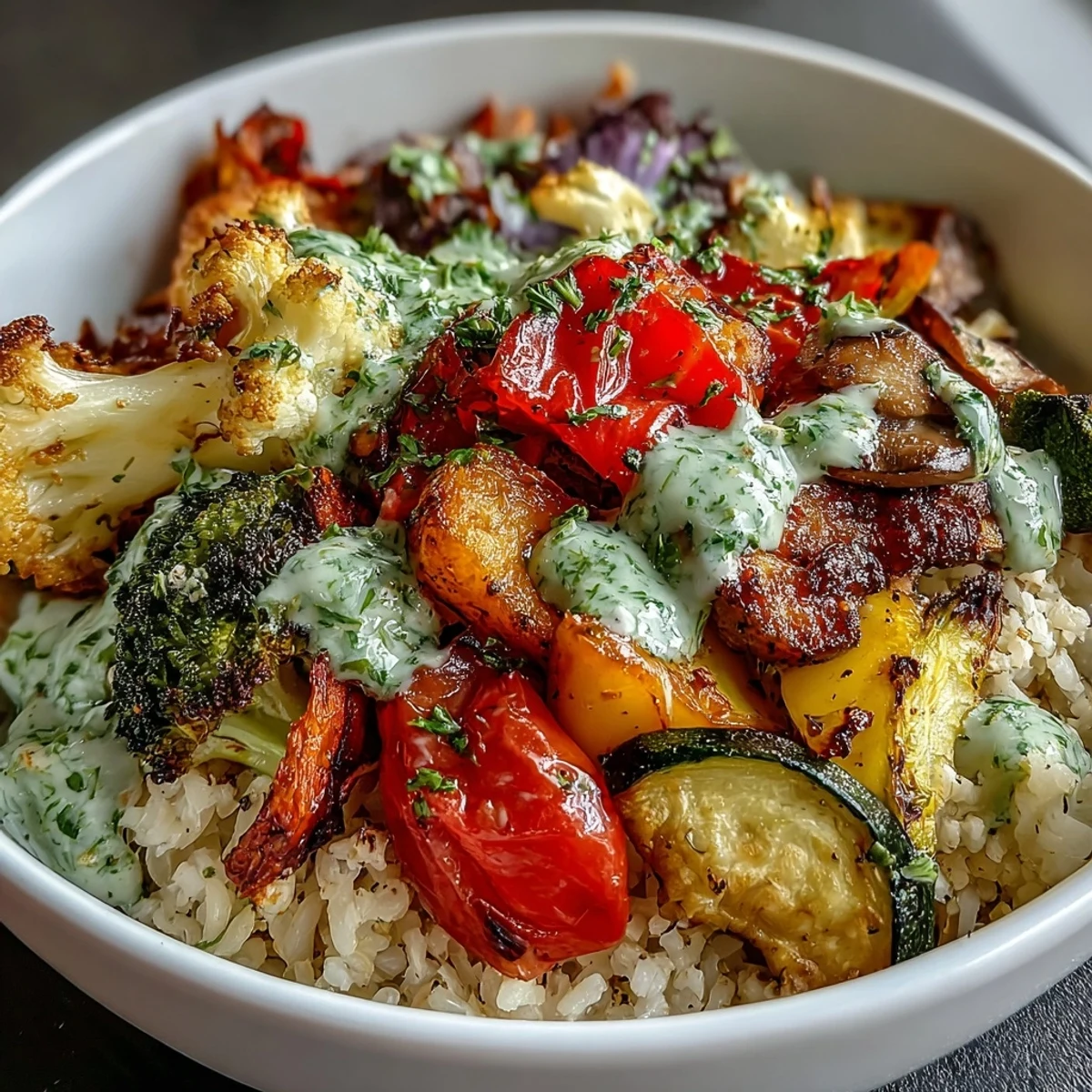 Vibrant bowl of steaming hot Rainbow Roasted Vegetable Bowl with multi-colored peppers, broccoli, and carrots garnished with fresh basil leaves.