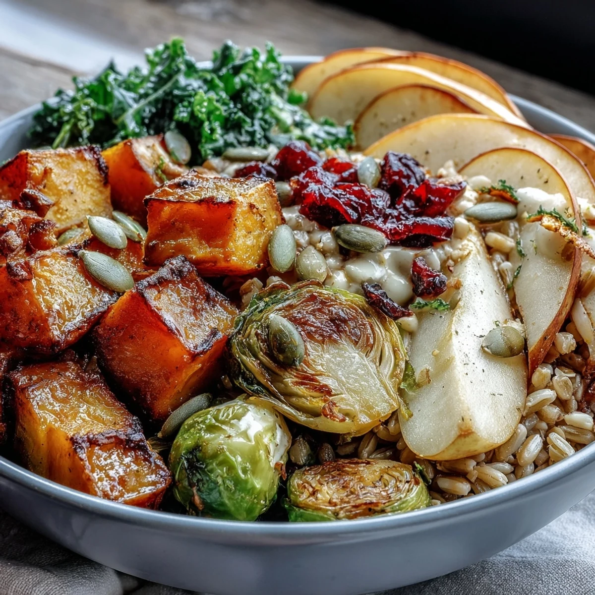 Fall Vegetable Bowl showcases a colorful mix of tender roasted vegetables and grain, garnished with pepitas and optional vegan cheese for texture.