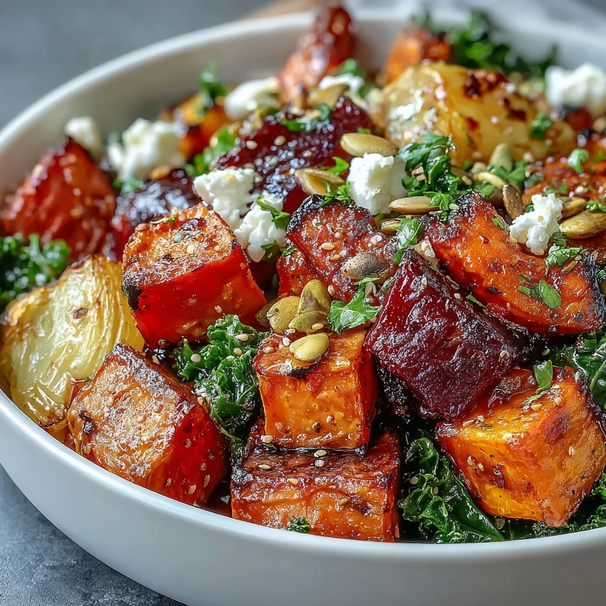 Roasted carrots and parsnips glisten atop massaged kale in a warm Winter Root Vegetable Bowl.