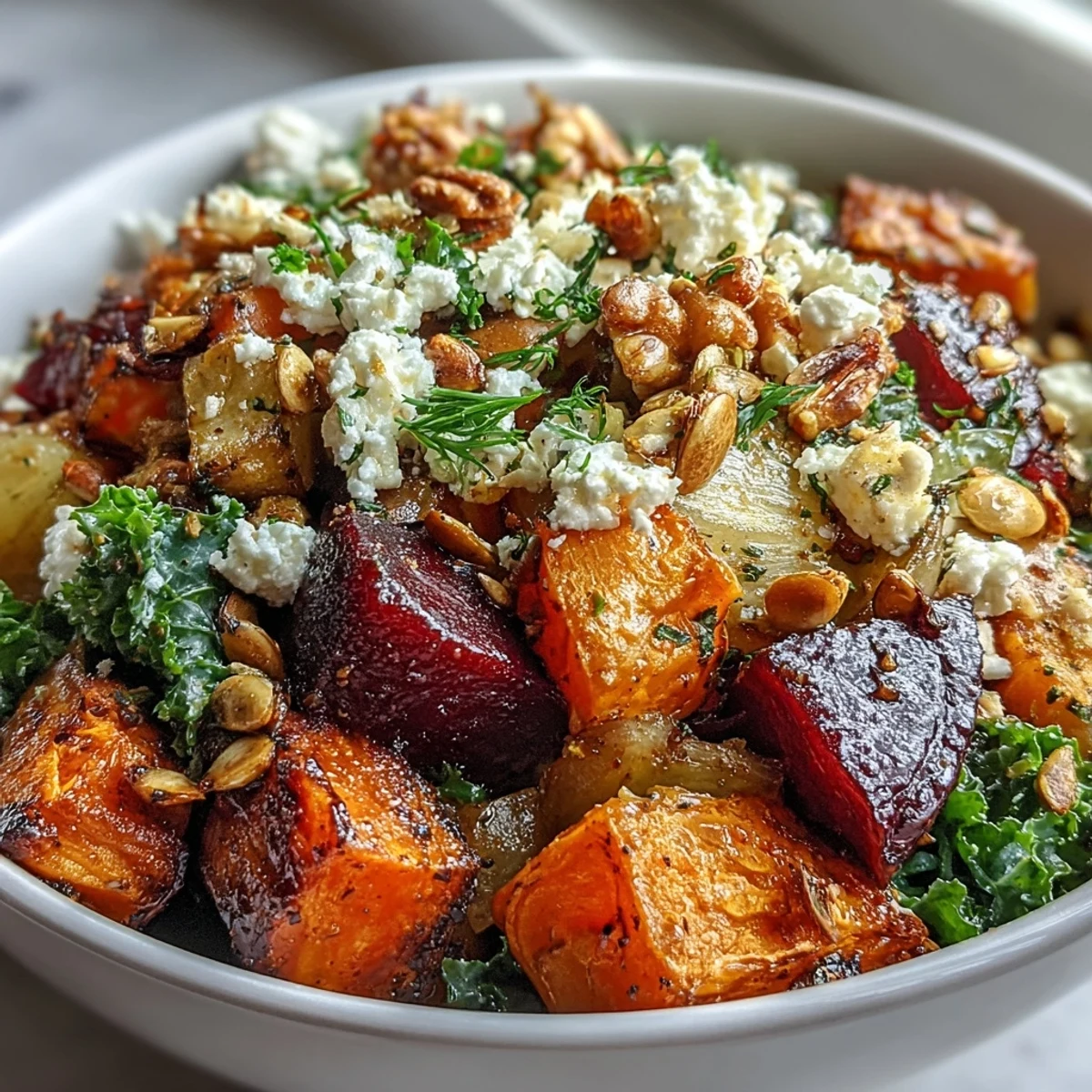 A spoon drizzles tangy dressing over the vegetarian Winter Root Vegetable Bowl with pumpkin seeds.
