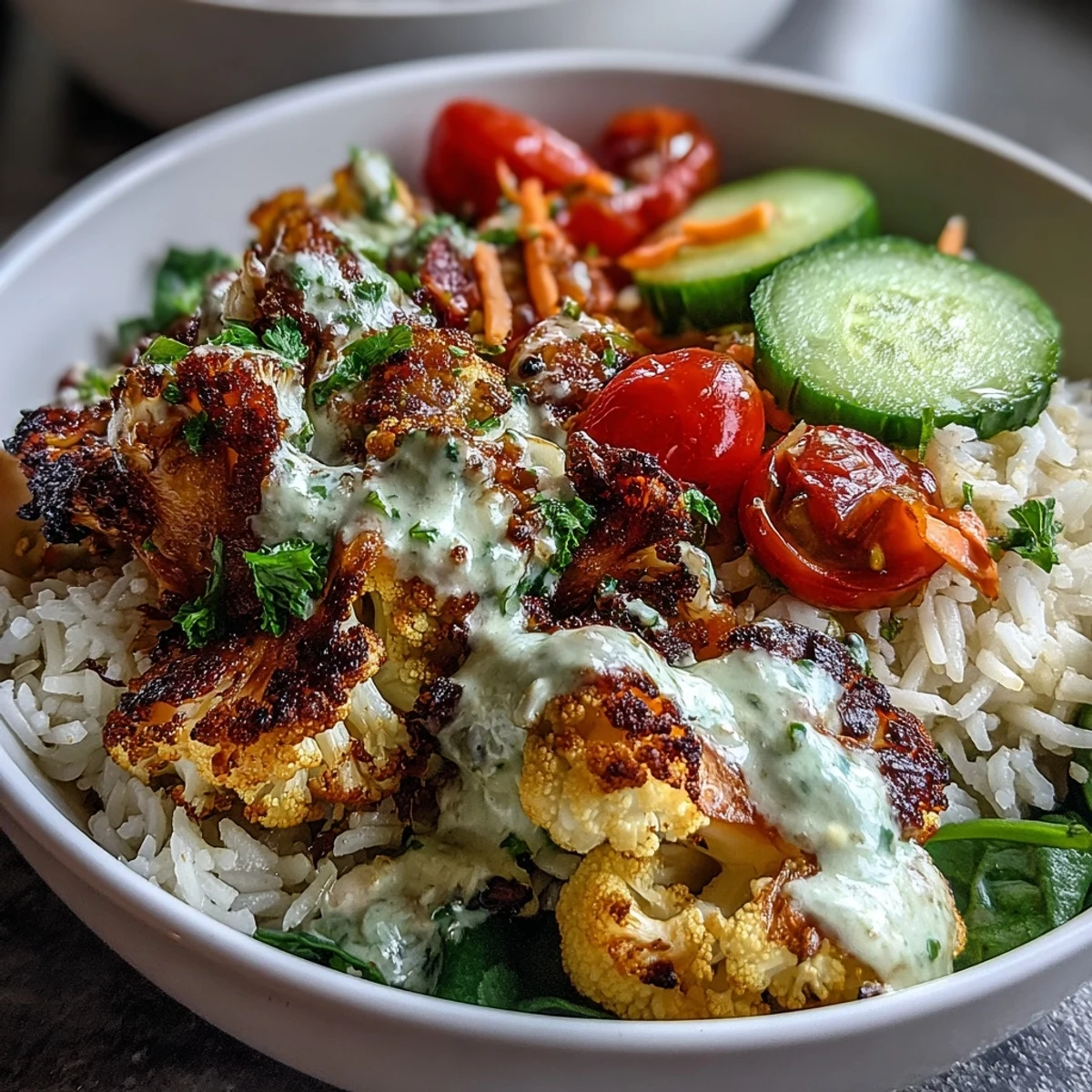 Golden herb-roasted cauliflower nestled on fluffy rice with fresh veggies and creamy tahini sauce.