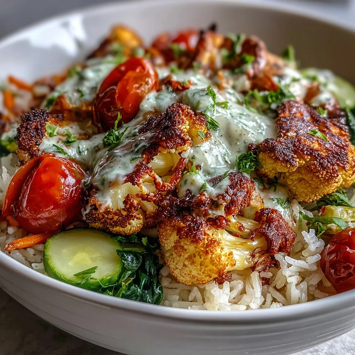 Colorful roasted cauliflower bowl with spinach, cherry tomatoes, and a drizzle of tangy tahini.