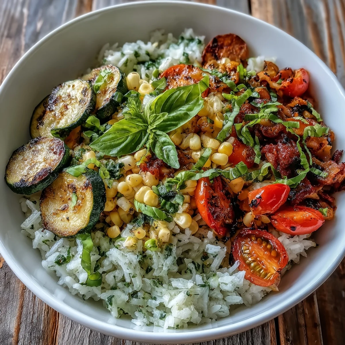 Colorful Summer Vegetable Bowl topped with torn basil leaves and a lemon wedge, served as a light and healthy vegetarian main dish.