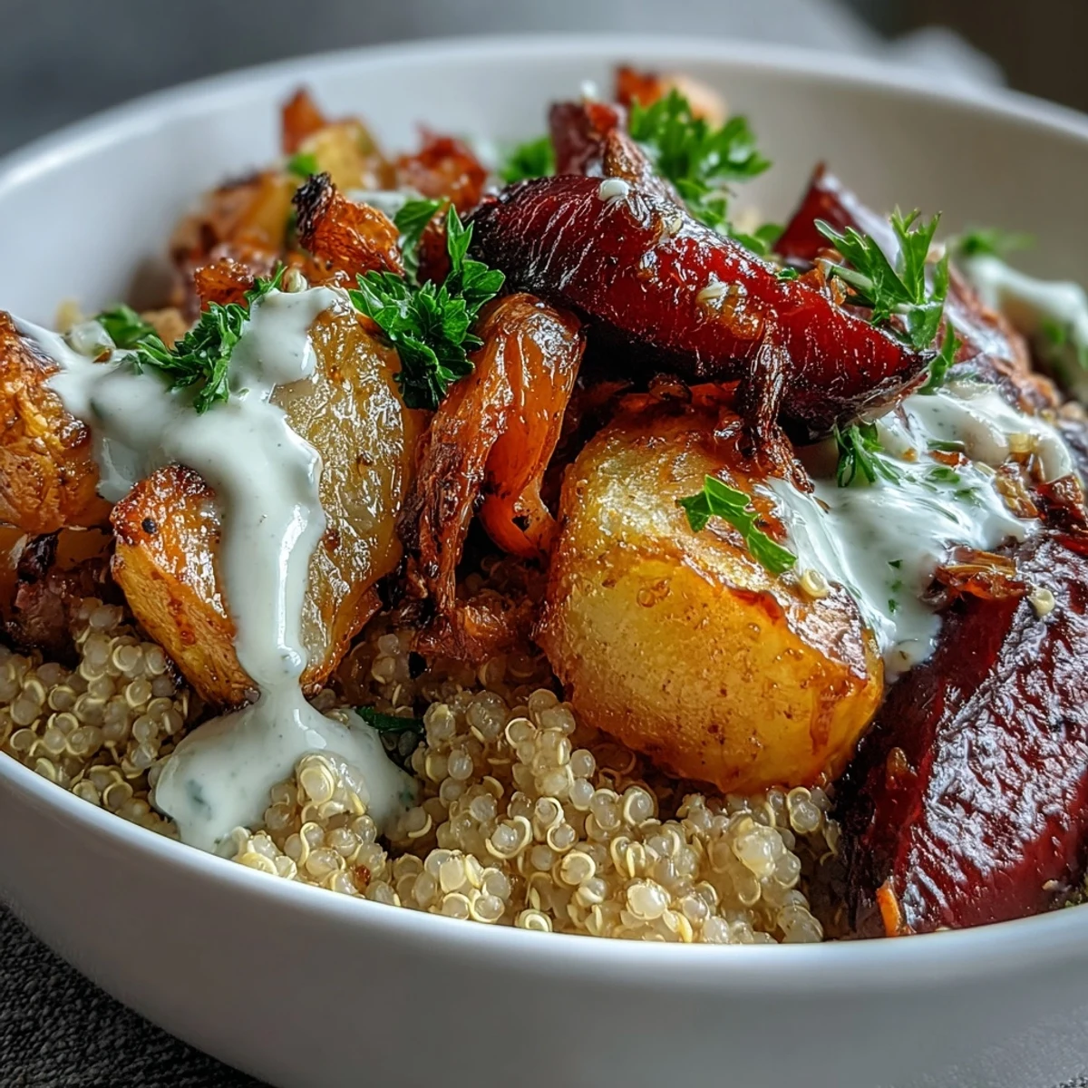Golden caramelized carrots, beets, turnips, and parsnips top fluffy quinoa in this nourishing Roasted Root Vegetable Bowl.