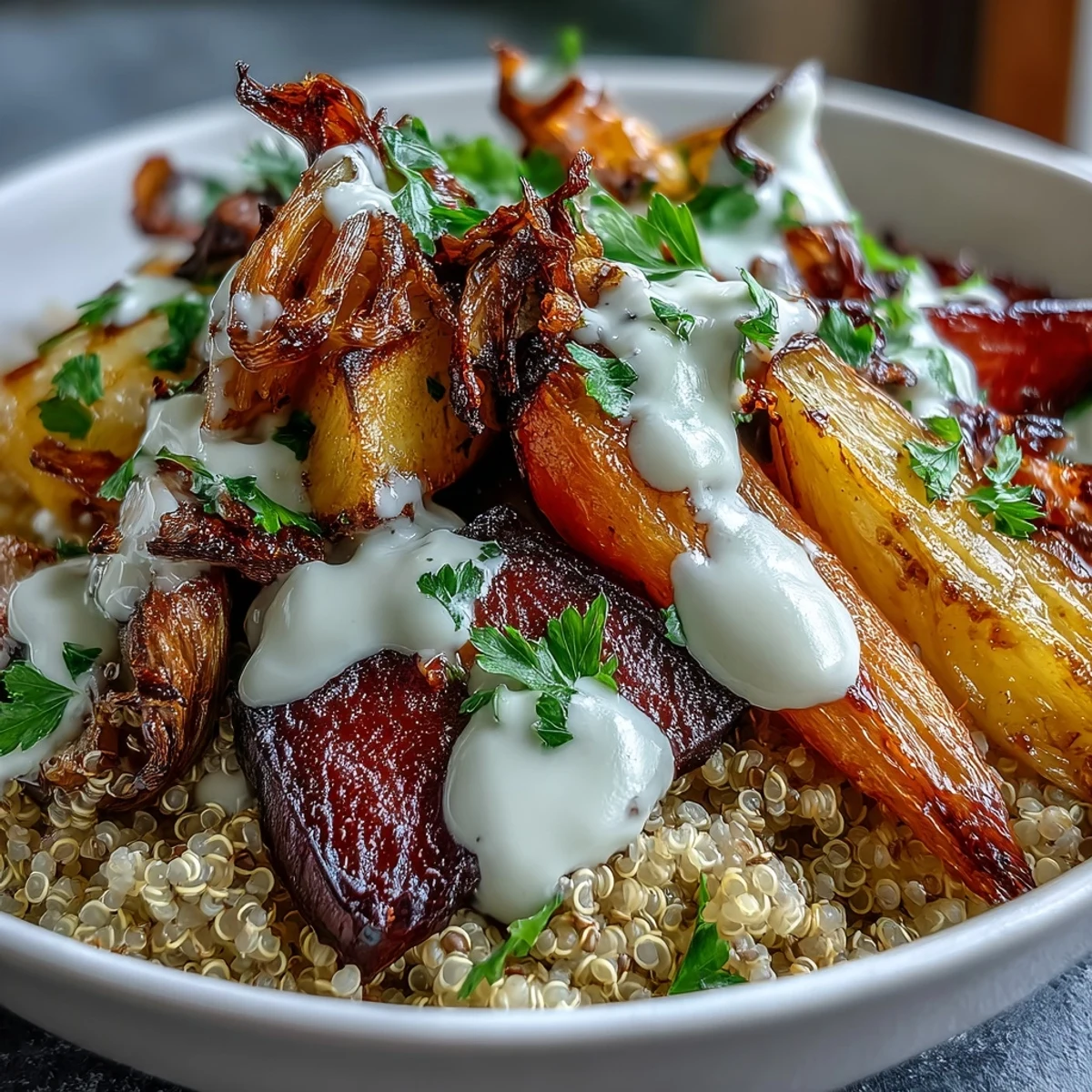 Fresh parsley and toasted pumpkin seeds garnish a wholesome Roasted Root Vegetable Bowl, ready for a hearty dinner.