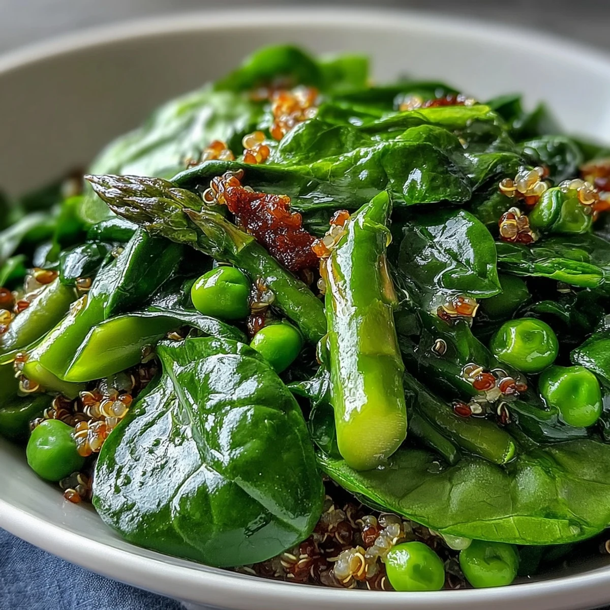 Bright Spring Green Bowl with blanched peas, asparagus, and zesty lemon dressing.