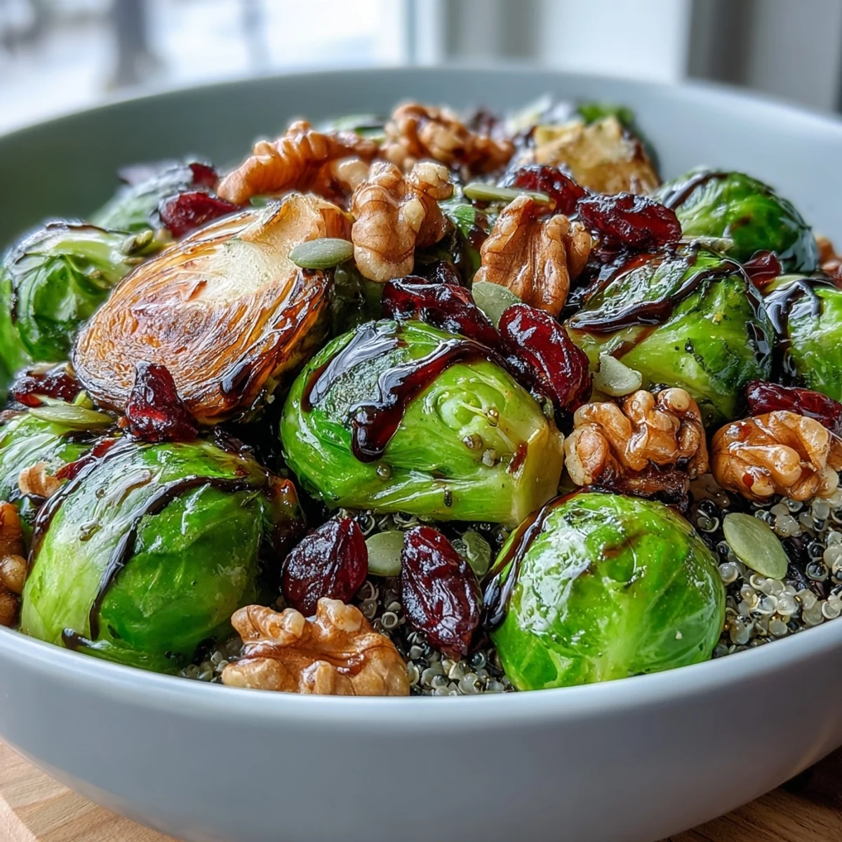 A warm vegan Roasted Brussels Sprouts Bowl with fluffy quinoa, vibrant veggies, and a drizzle of tangy balsamic dressing.