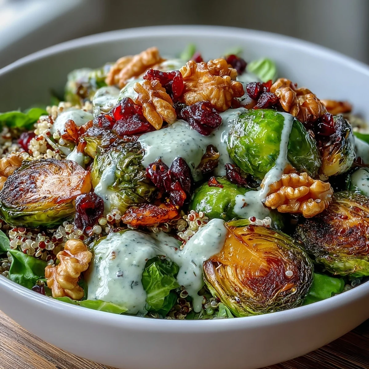 Healthy roasted Brussels sprouts, onions, and pepitas over hearty grains, finished with a sweet balsamic glaze for dinner.