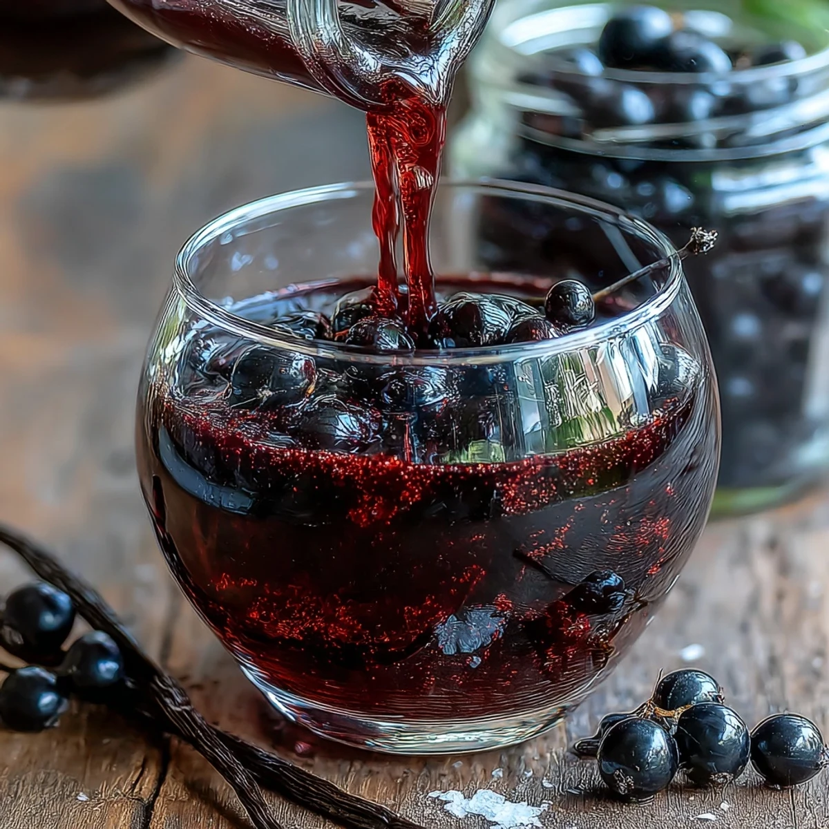 A close-up of homemade Jamaican rum liqueur infused with blackcurrants, ready to be poured over ice for a sweet sip.
