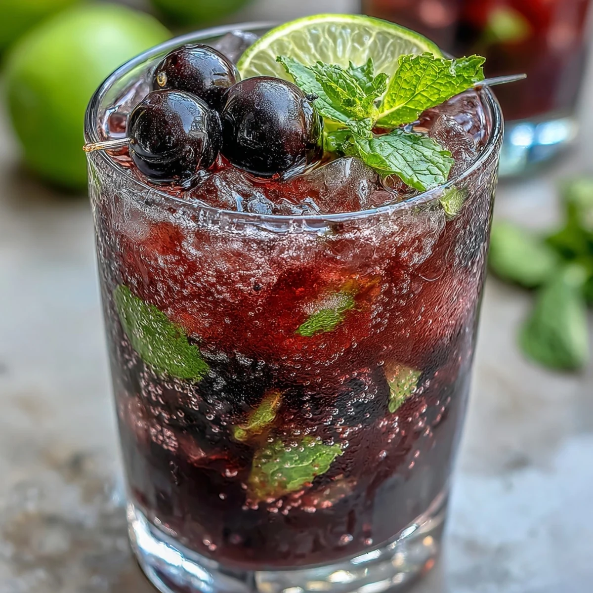 A close-up of a refreshing Black Currant Mojito cocktail garnished with fresh mint and lime wedges, served over crushed ice in a tall glass. A vibrant purple drink with soda bubbles. Perfect for cooling down on a warm summer day. 
