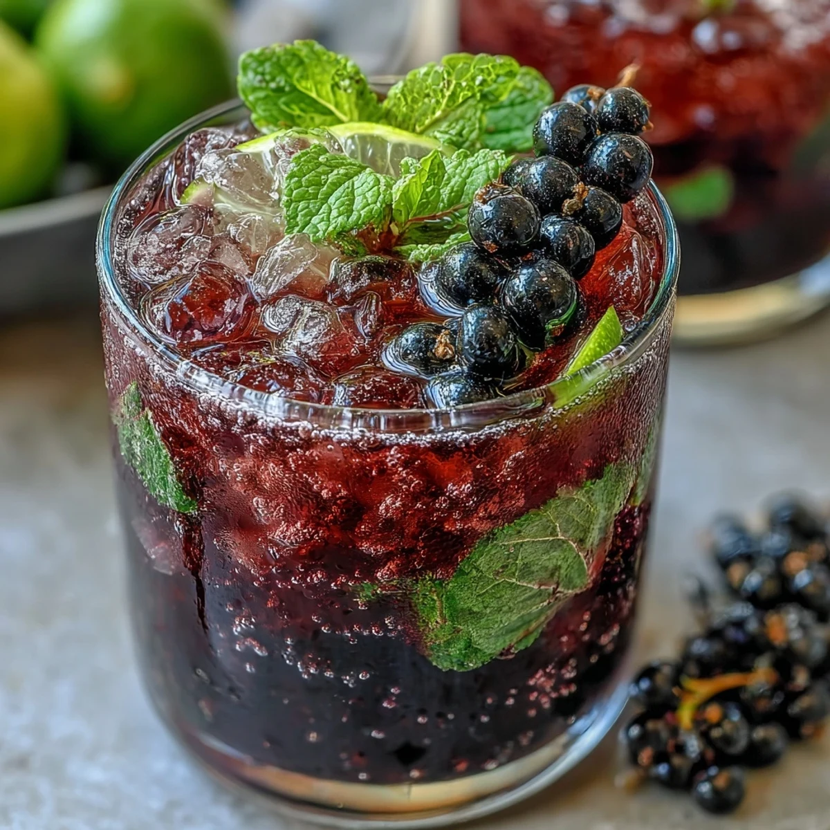 An icy glass of homemade Black Currant Mojito featuring a purple hue and fresh mint sprigs. A delicious non-alcoholic or alcoholic beverage option for a hot day.