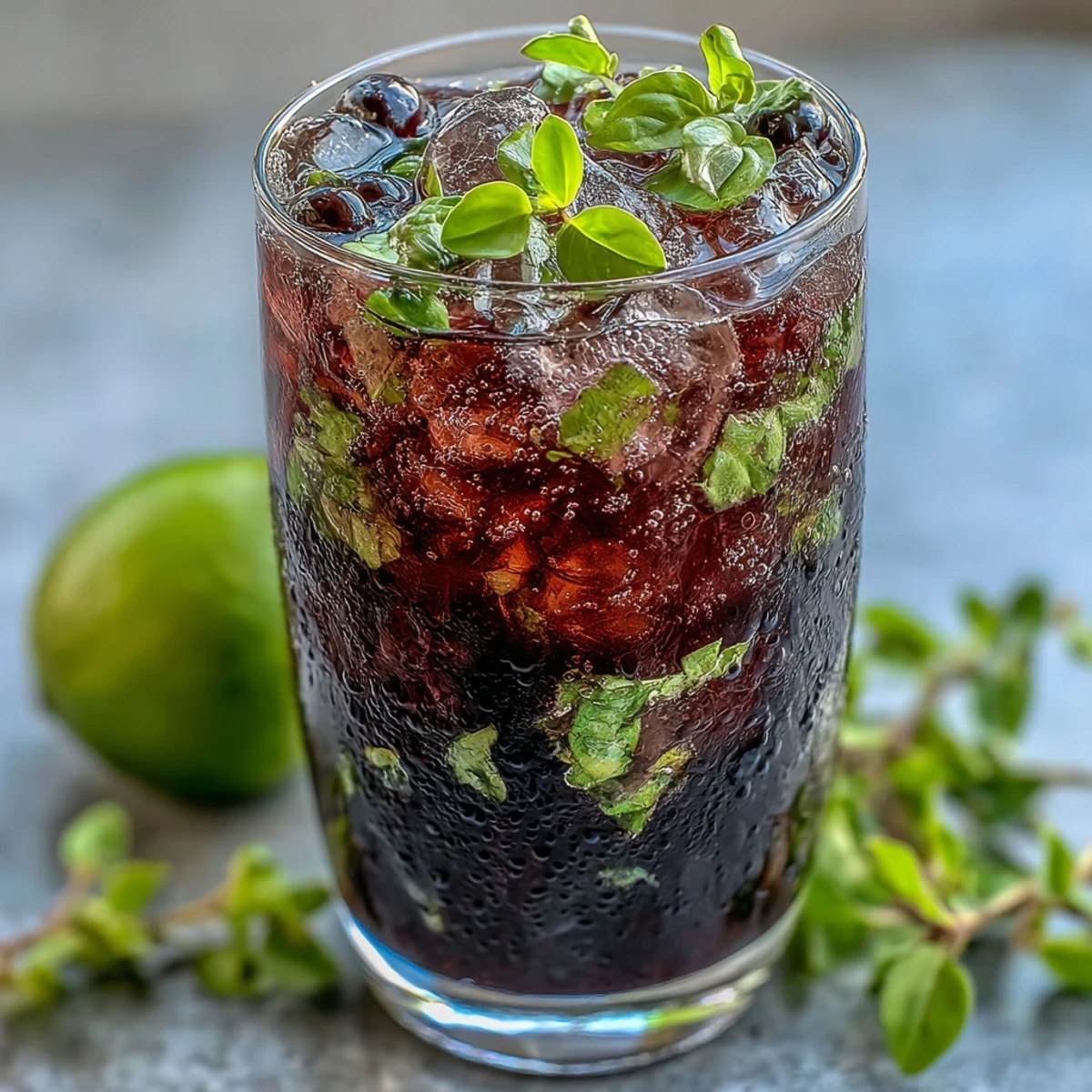 A tall glass of Black Currant Mojito filled with crushed ice, garnished with fresh mint and a vibrant lime wheel.