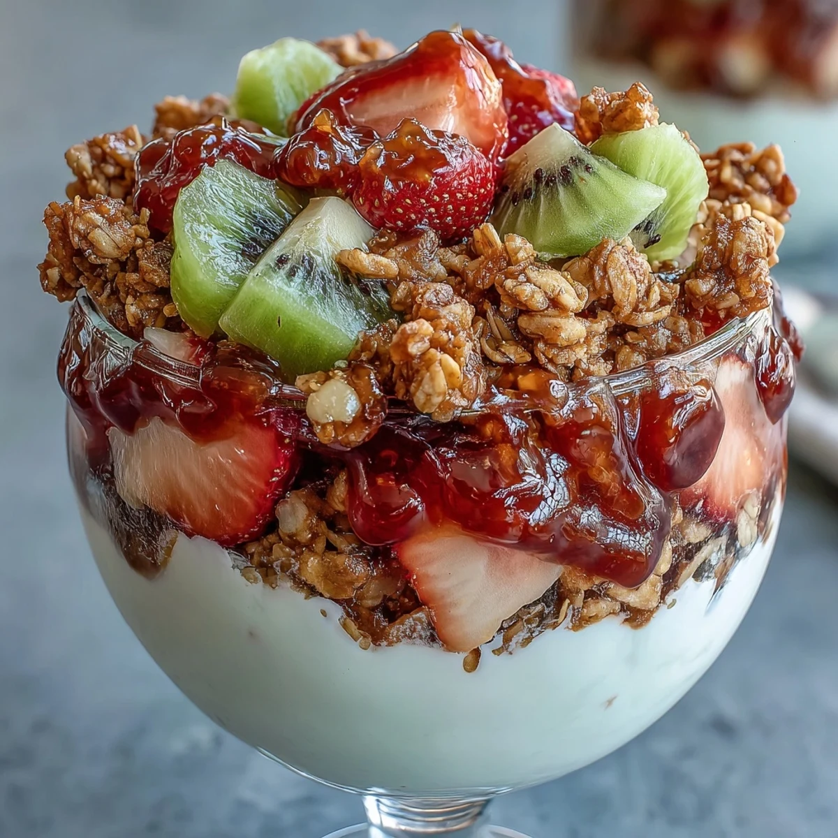 Vibrant strawberries and kiwi topped with mint and coconut in this tropical guava parfait.