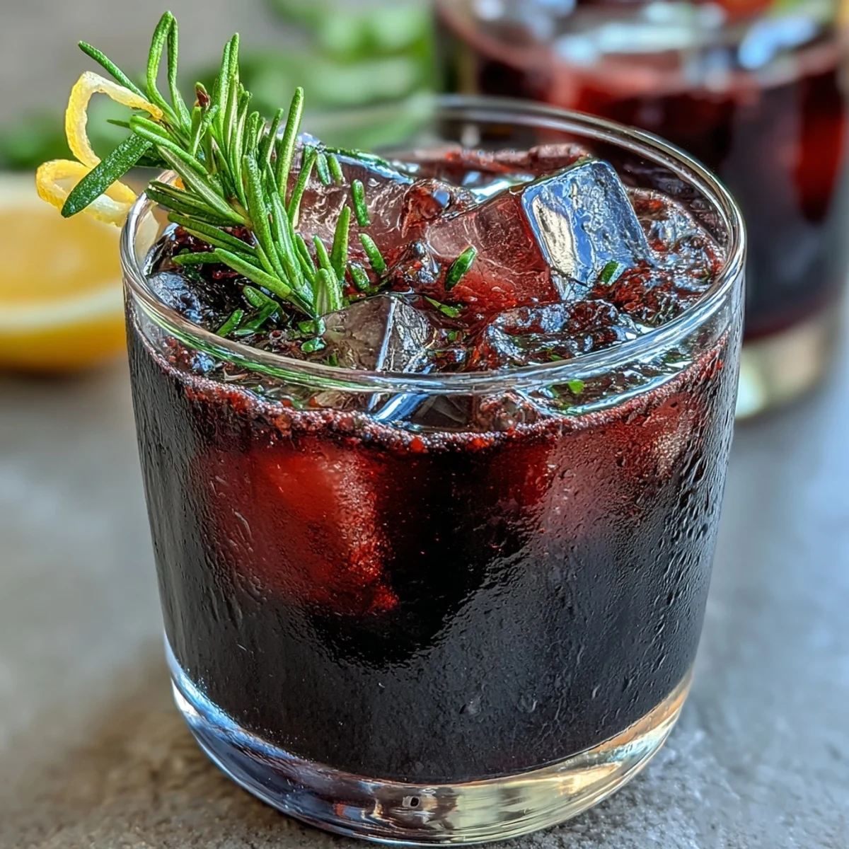 The Black Currant Rosemary Cocktail is prepared in a cocktail shaker with ice, ready to be strained for a refreshing, herbal drink.