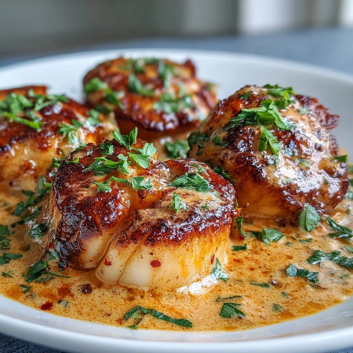 Golden-brown seared scallops in a bowl of spicy Cajun cream sauce, garnished with fresh parsley.
