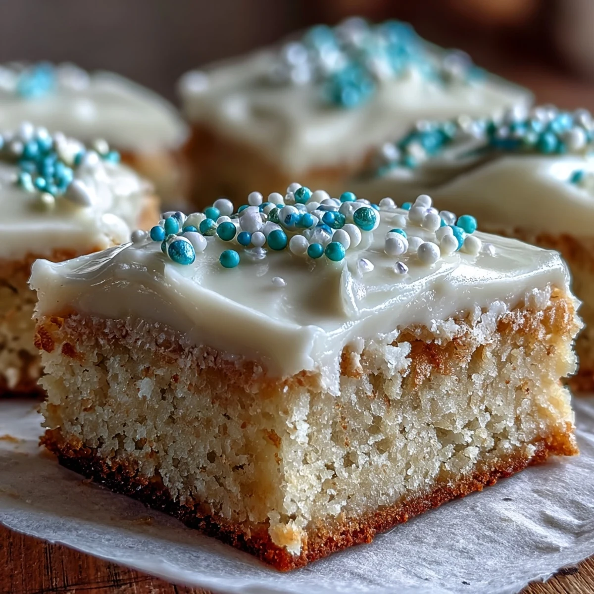 Golden-brown Almond Flour Sugar Cookie Bars with creamy frosting, cut into neat squares on a white plate.