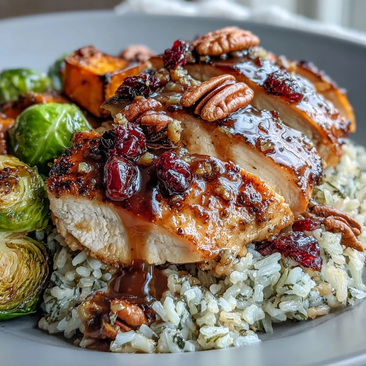 Golden brown maple Dijon chicken slices rest over roasted sweet potatoes and Brussels sprouts on a rice base in Maple Dijon Chicken Sweet Potato Bowls.