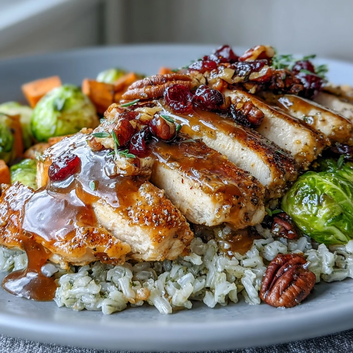 Diced sweet potatoes and Brussels sprouts roasted with rosemary mingle with sliced glazed chicken on a hearty rice bed in Maple Dijon Chicken Sweet Potato Bowls.