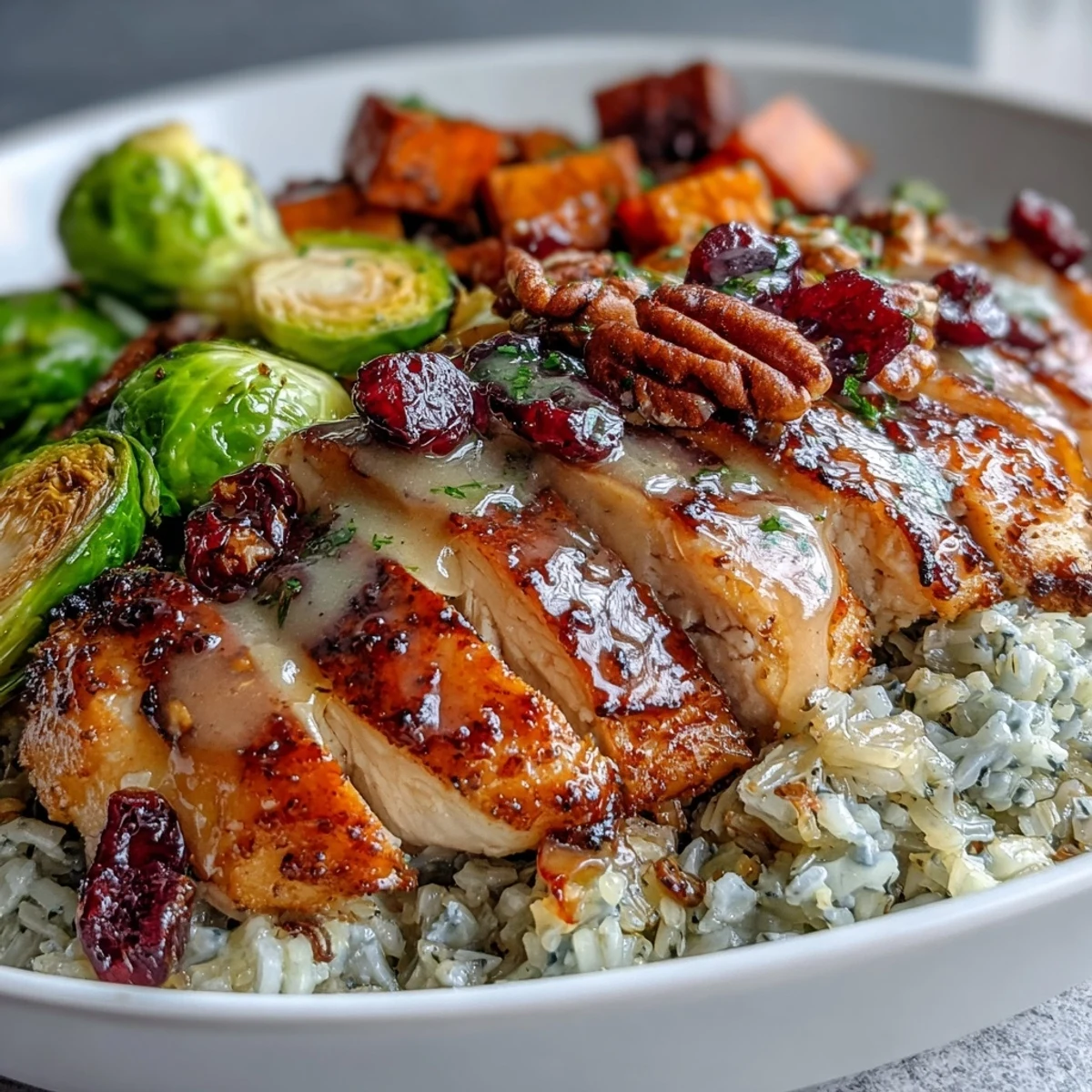 Fresh parsley and chopped pecans garnish a vibrant Maple Dijon Chicken Sweet Potato Bowl featuring juicy chicken, roasted veggies, and a fluffy grain base.