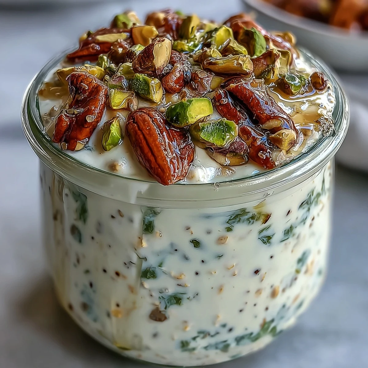 Glasses jar of creamy Pistachio Overnight Oats topped with fresh berries and extra chopped pistachios.