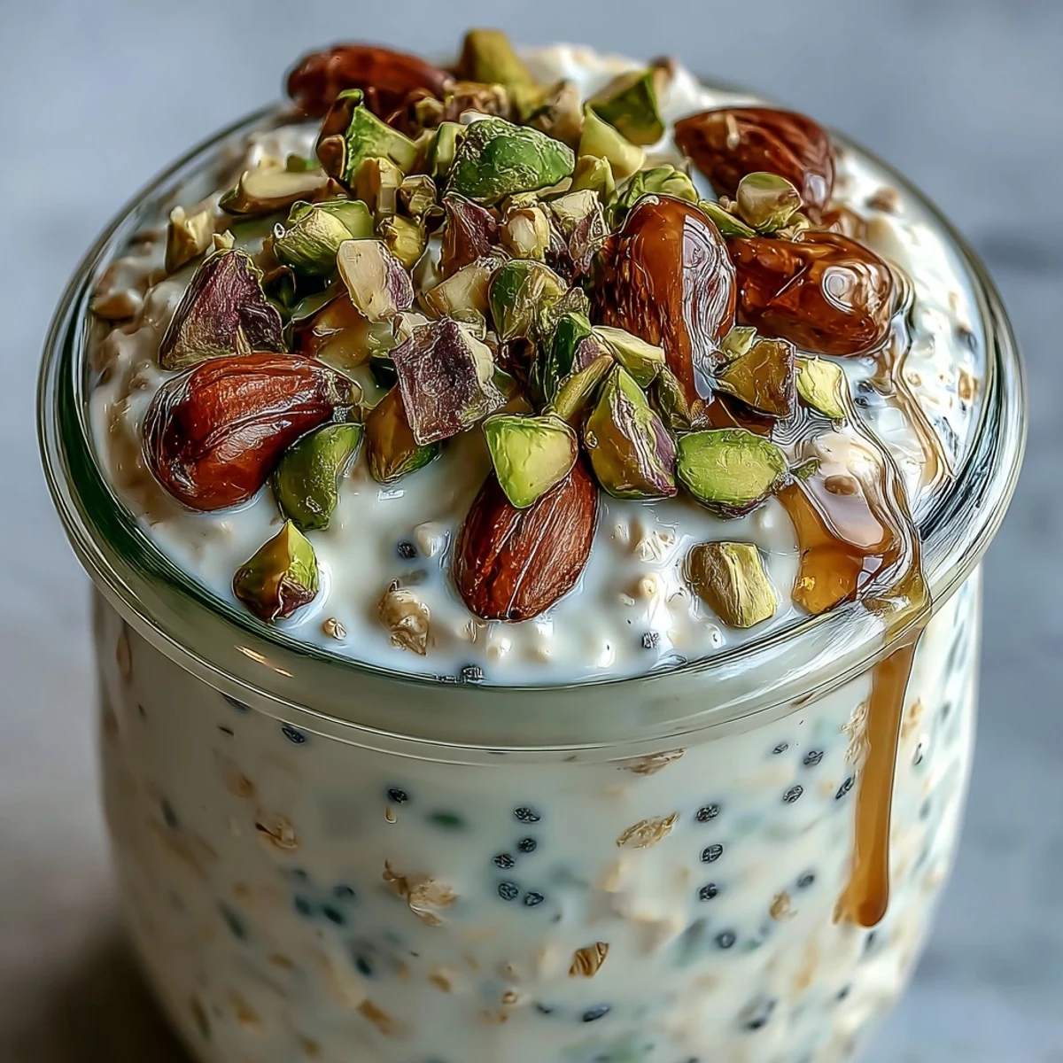 Bright morning light highlights the thick texture of Pistachio Overnight Oats made with oats, milk, and Greek yogurt.