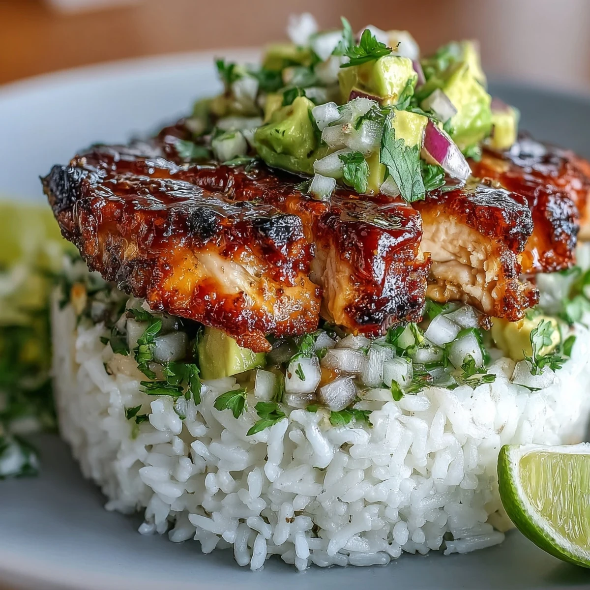 Sliced grilled chicken rests atop fluffy jasmine rice and avocado salsa in this Tangy Honey Lime Chicken & Avocado Rice Stack.