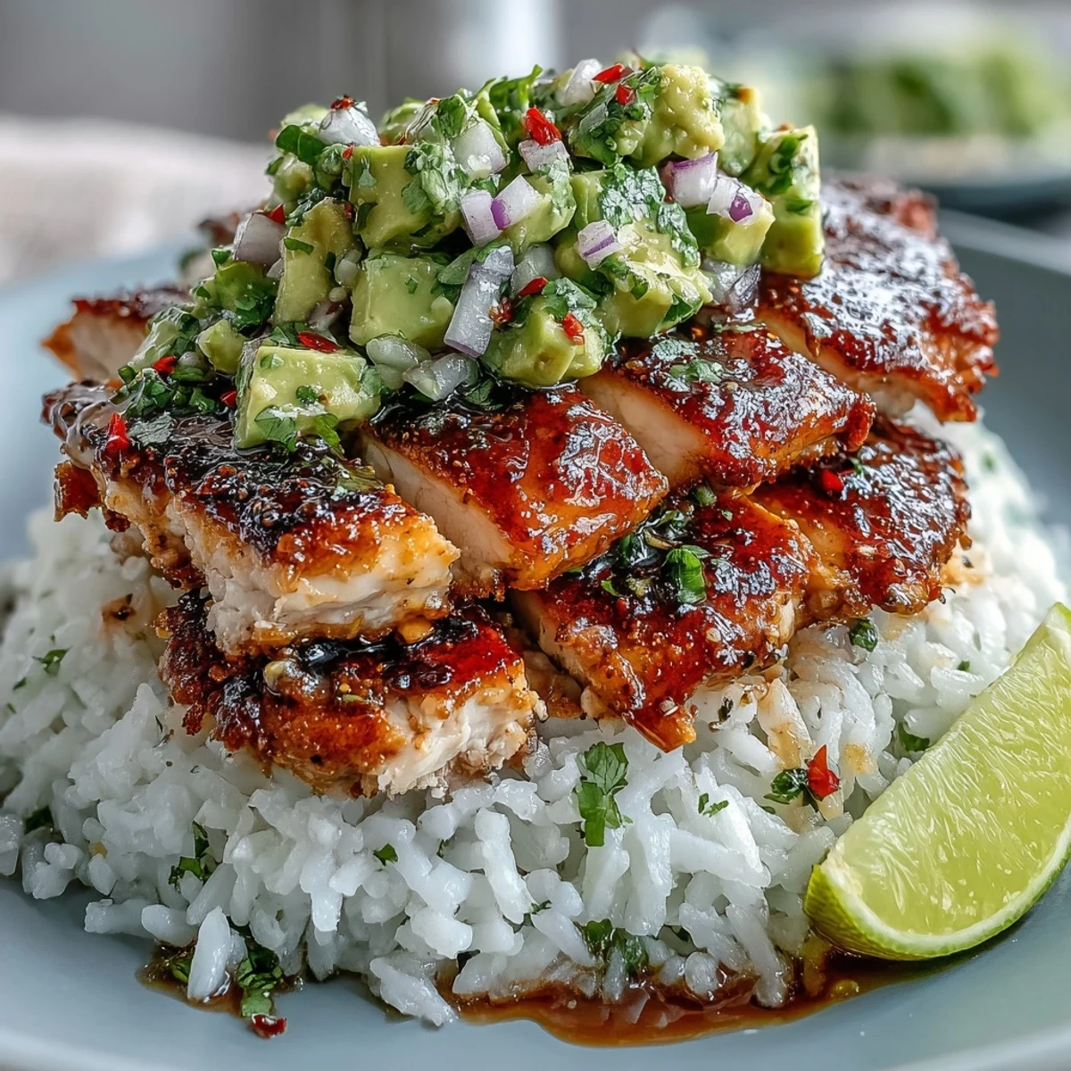 Juicy marinated chicken is layered with creamy avocado mix and cilantro, creating a beautiful and satisfying Tangy Honey Lime Chicken & Avocado Rice Stack.