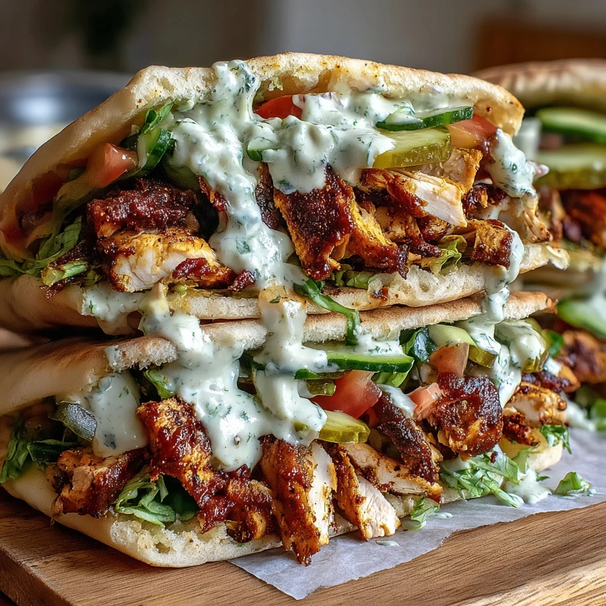 Golden-brown grilled chicken shawarma, stuffed into warm pita bread with fresh lettuce, tomatoes, and creamy garlic sauce.