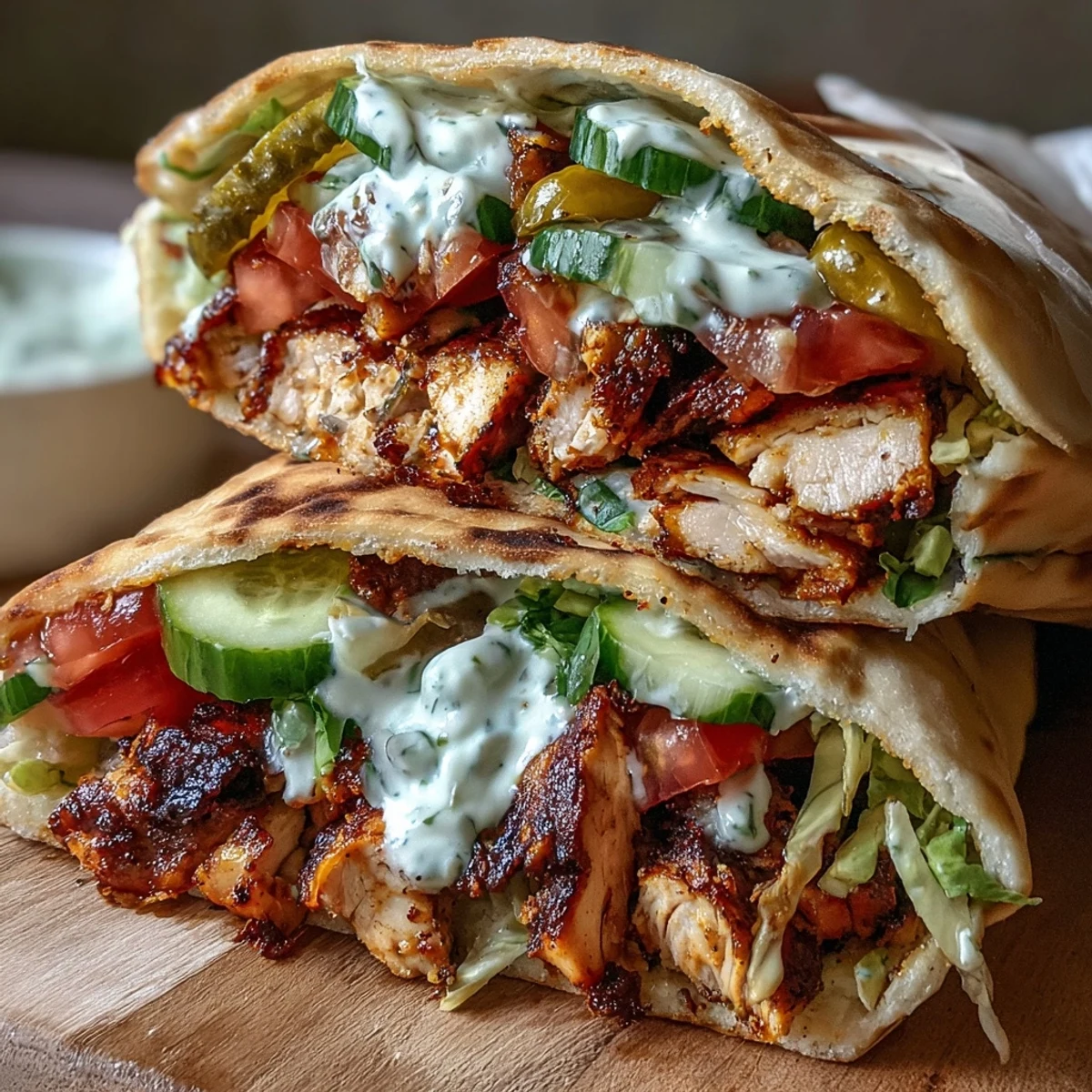Colorful chicken shawarma wraps overflowing with crisp vegetables and pickles, drizzled with rich tahini yogurt sauce.