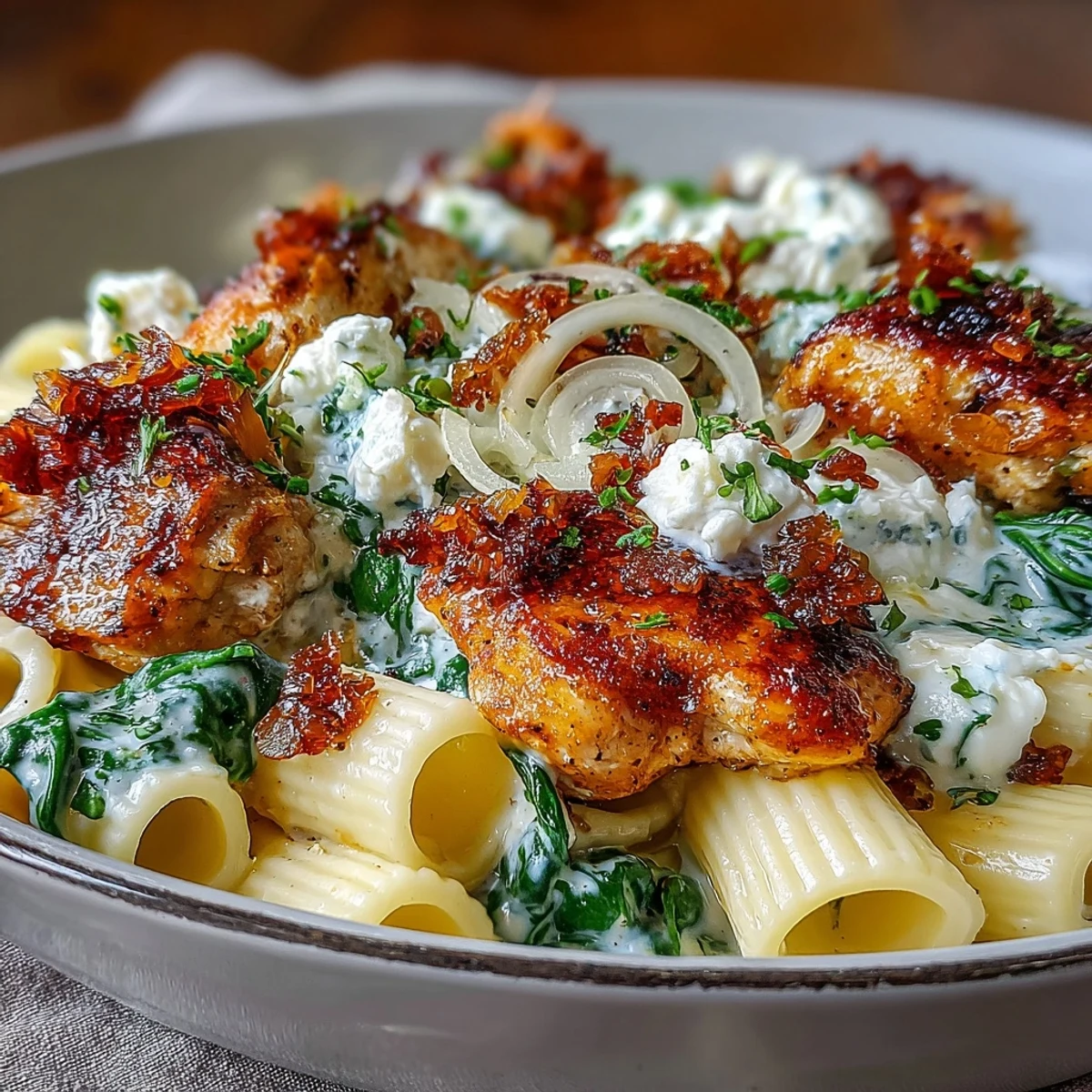 Plated Greek Chicken Feta Pasta Skillet with creamy sauce and vibrant spinach.