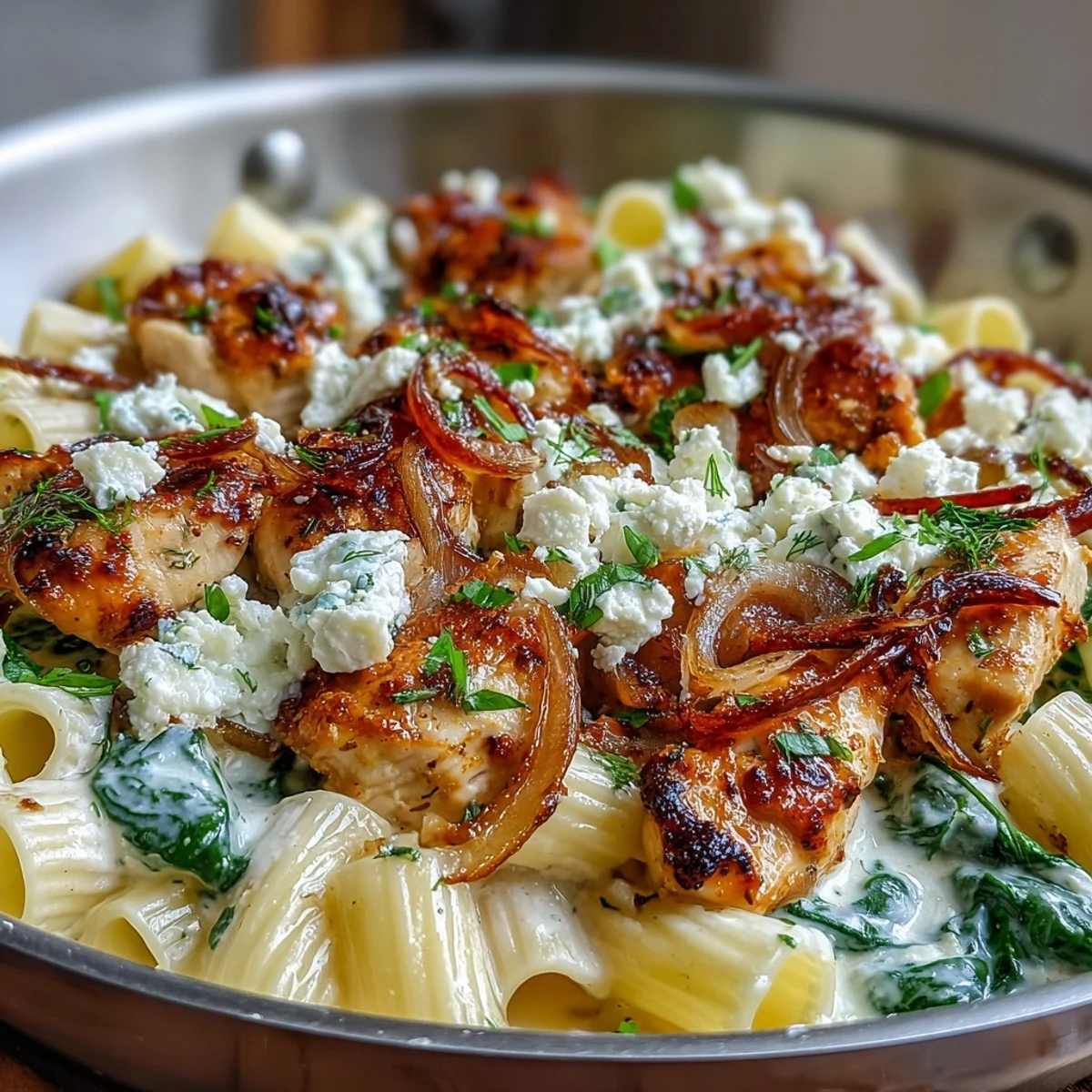 Close-up of Greek Chicken Feta Pasta Skillet garnished with fresh lemon zest and herbs.