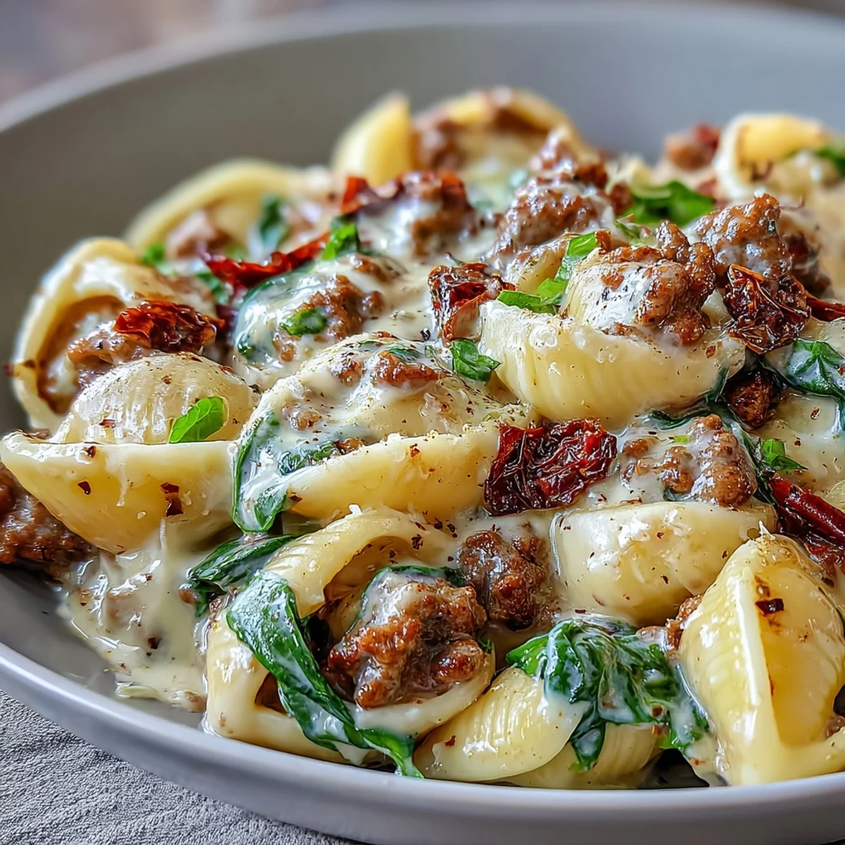 Creamy Tuscan Chili Mac in a rustic bowl, topped with melted Parmesan and fresh spinach. 