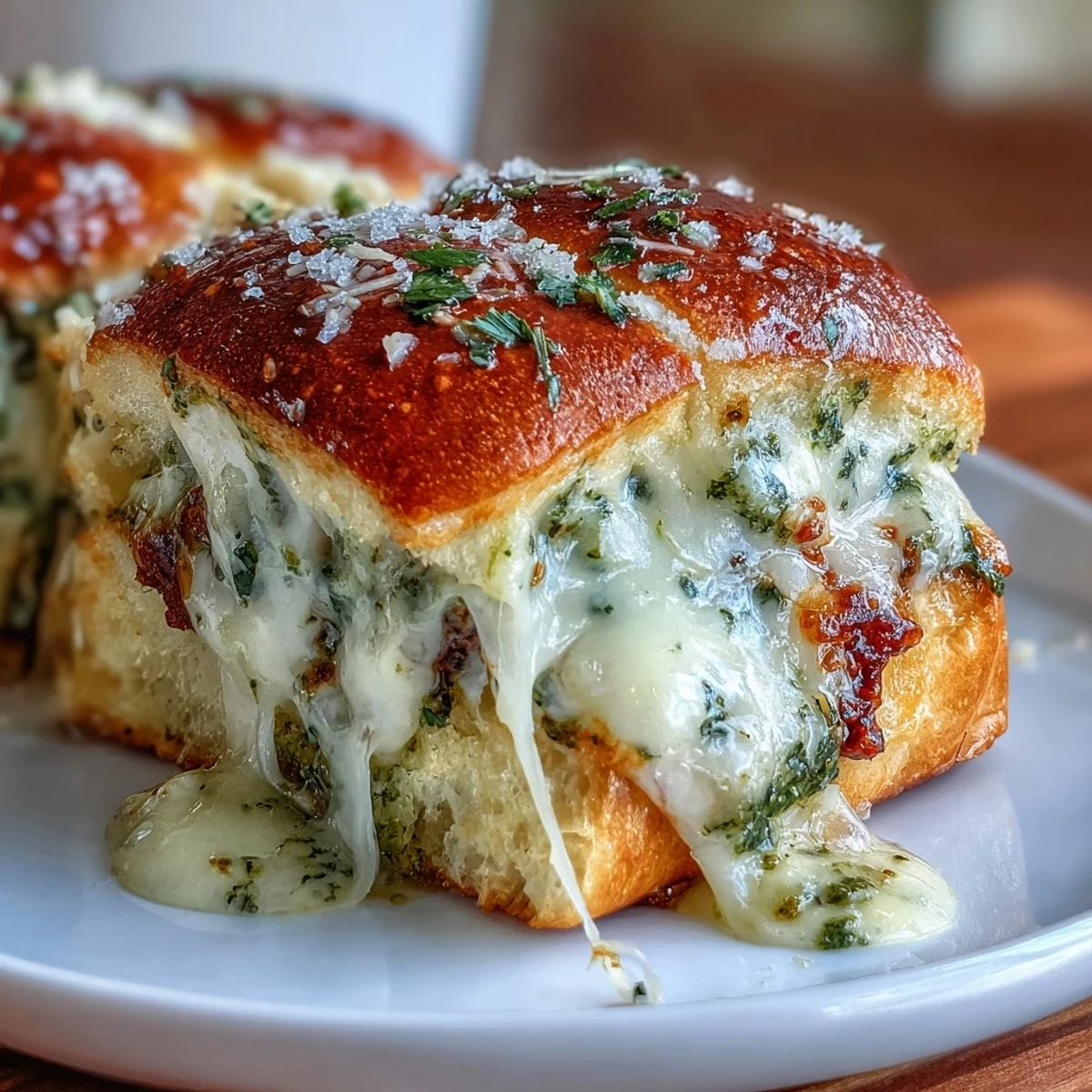 Freshly baked mini Pesto Chicken Parmesan Sliders with herb garnish, ready to serve at a party alongside a small bowl of marinara.