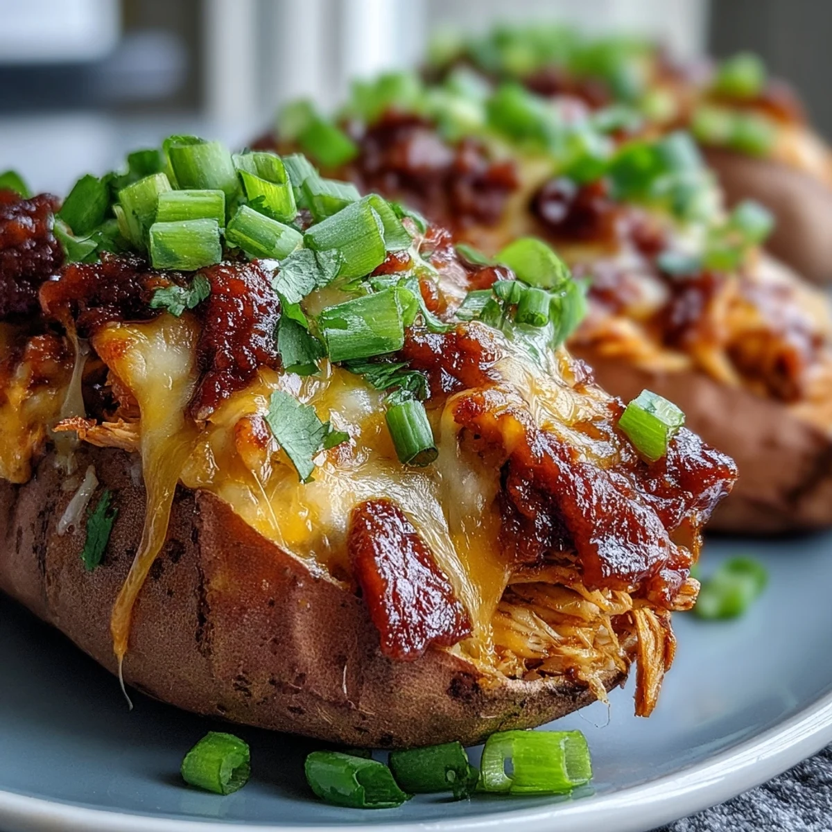Roasted honey BBQ chicken stuffed sweet potatoes with melted cheddar and fresh herbs on a rustic table.