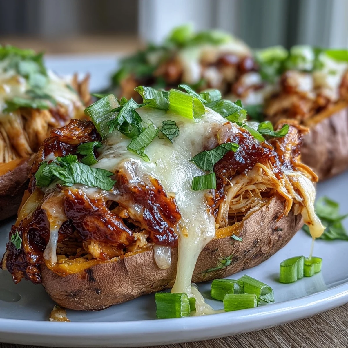 A close-up of honey BBQ chicken stuffed sweet potatoes, showing saucy chicken and golden melted cheese.