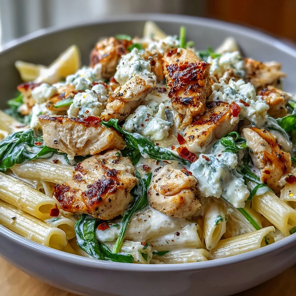 Spoonful of Greek Chicken Feta Pasta Skillet lifted from skillet, revealing tender chicken, crumbled feta, and glossy yogurt sauce, perfect for family-style serving.