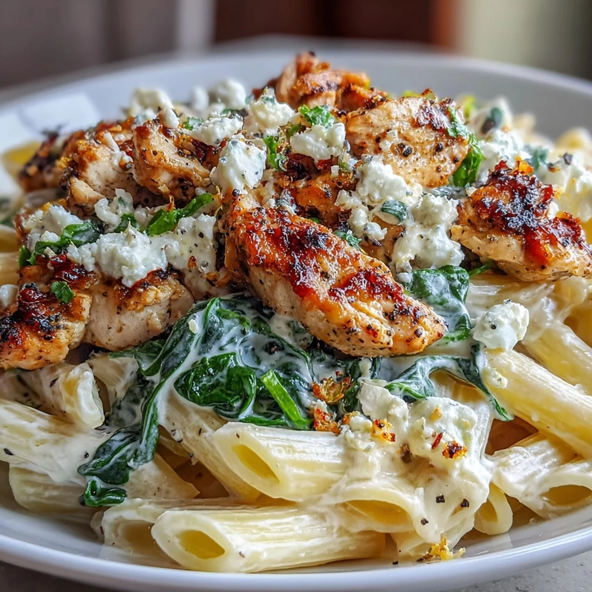 Close-up of Greek Chicken Feta Pasta Skillet garnished with fresh parsley and lemon wedges next to a glass of white wine for a cozy meal.