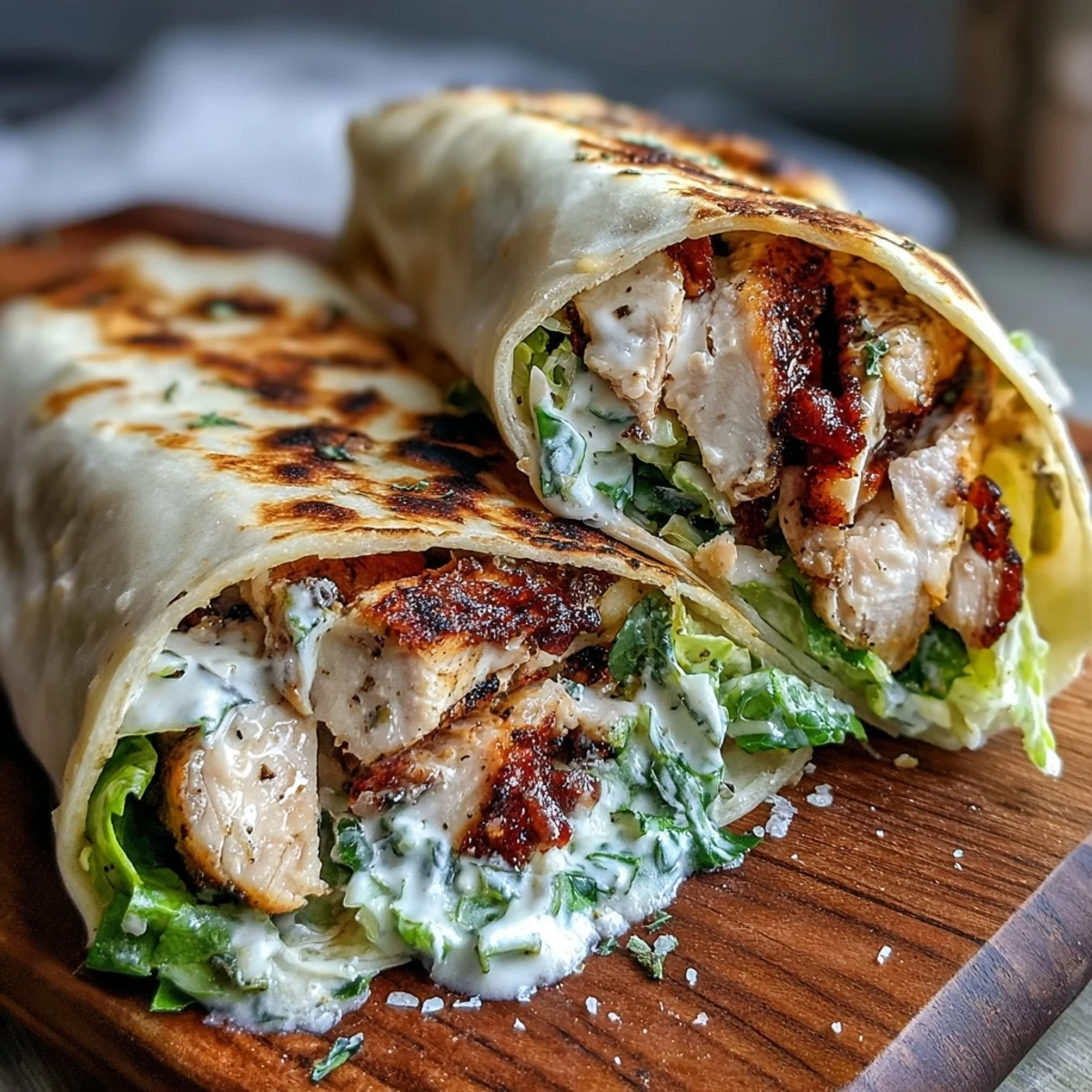 Freshly grilled chicken strips and crisp romaine tossed in tangy Caesar, all wrapped in warm, buttery garlic naan bread.