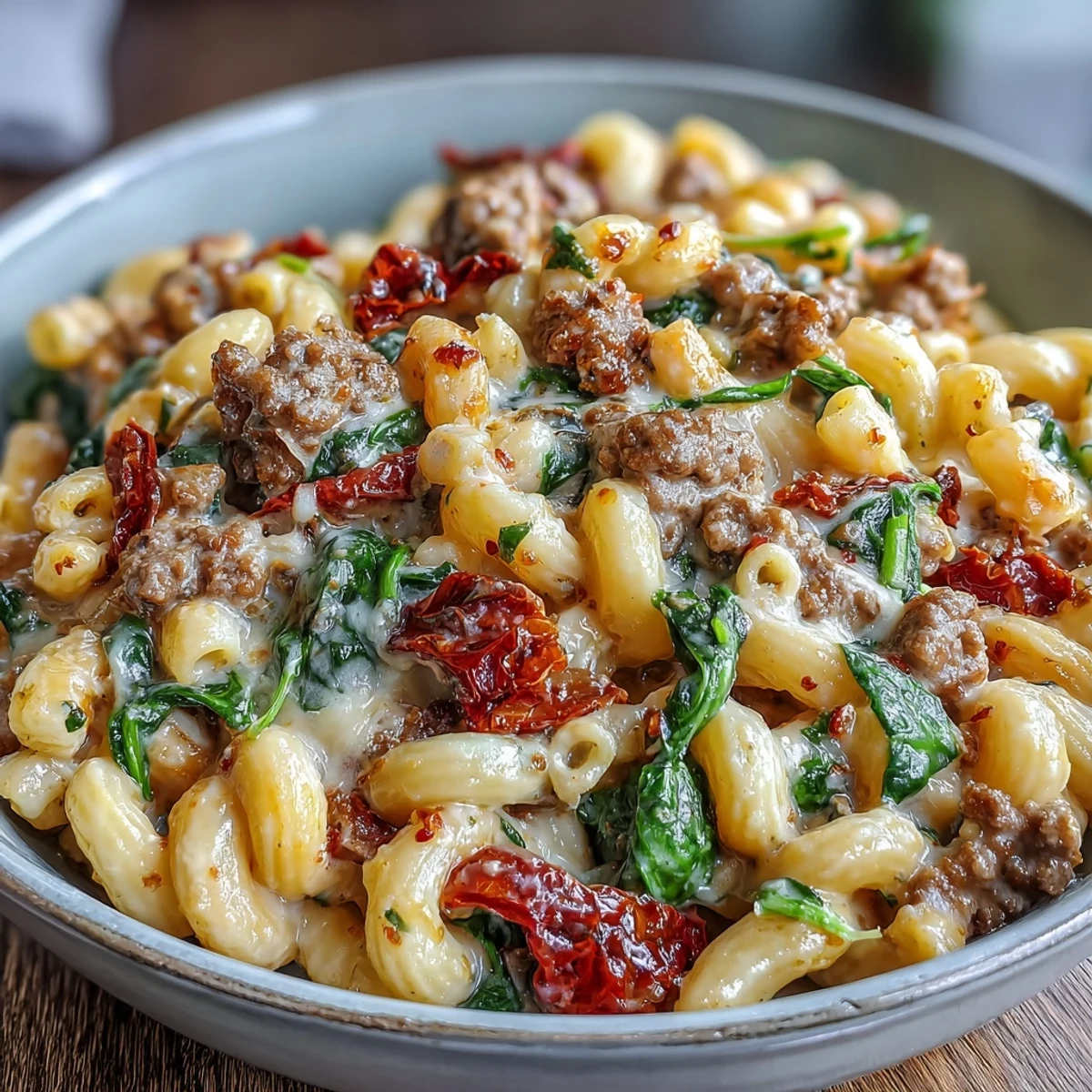 Close-up of Creamy Tuscan Chili Mac with sun-dried tomatoes and wilted spinach in a creamy sauce. Served hot in a Dutch oven for a cozy family dinner.