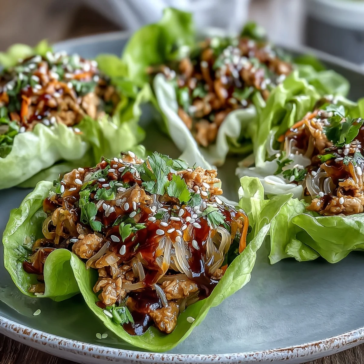 Delicious low-carb Potsticker Noodle Lettuce Cups garnished with sesame seeds and fresh cilantro, perfect for a light meal.