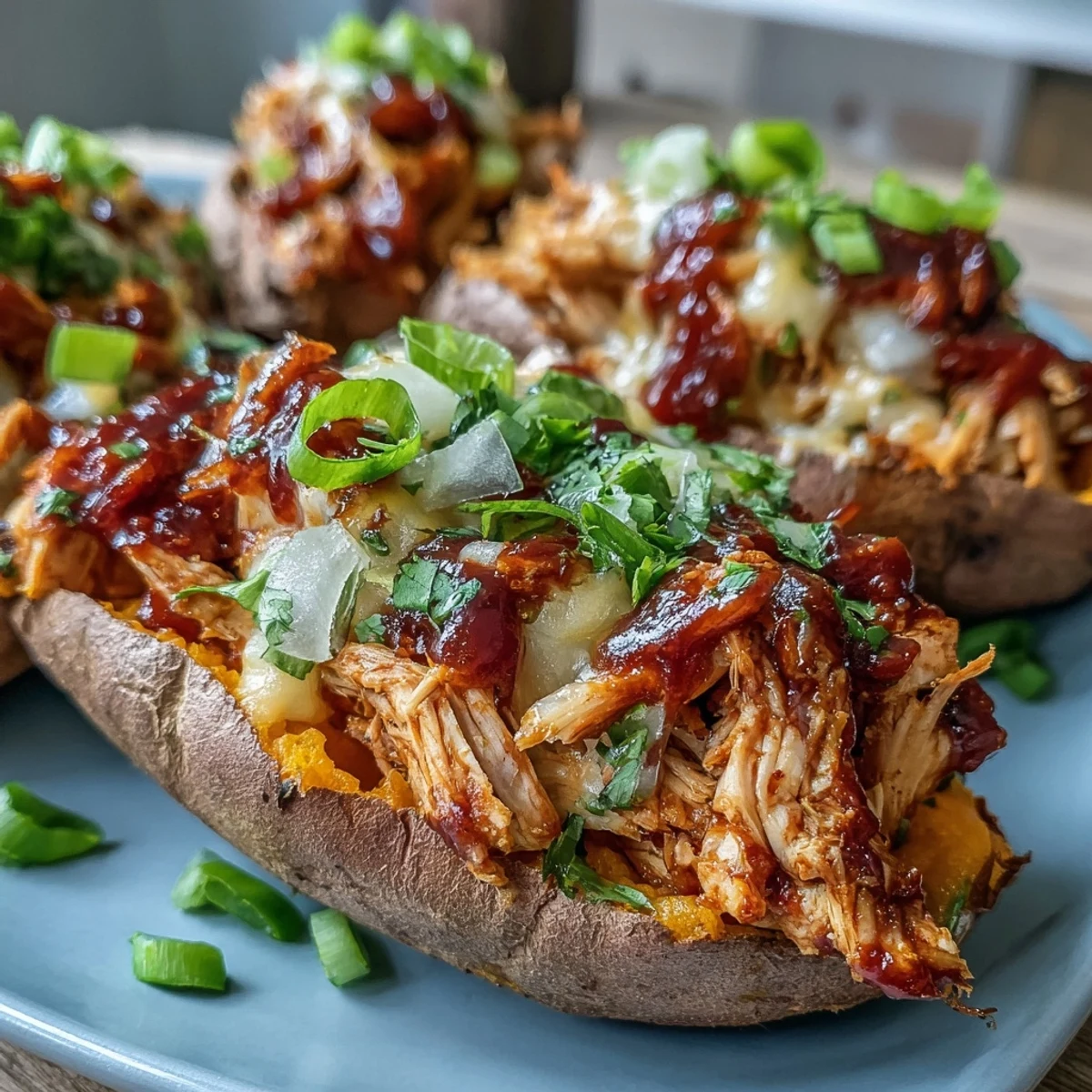 Golden-baked sweet potato boats are stuffed with saucy honey BBQ chicken and topped with melted cheddar and green onions.