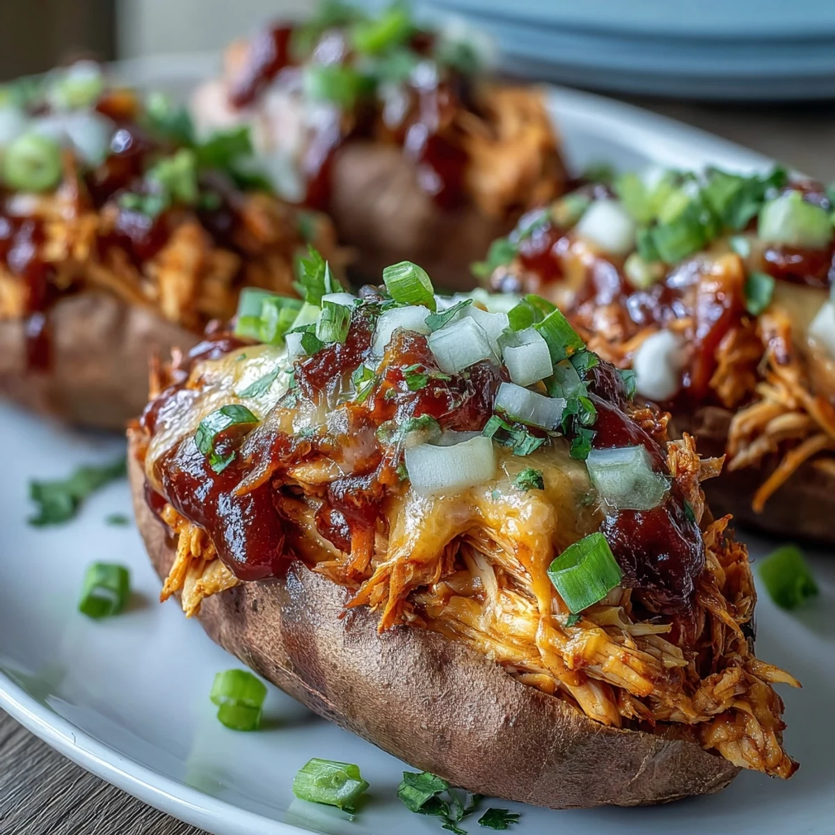 A close-up of Honey BBQ Chicken Stuffed Sweet Potatoes shows tangy barbecue sauce, fresh cilantro, and a dollop of sour cream.