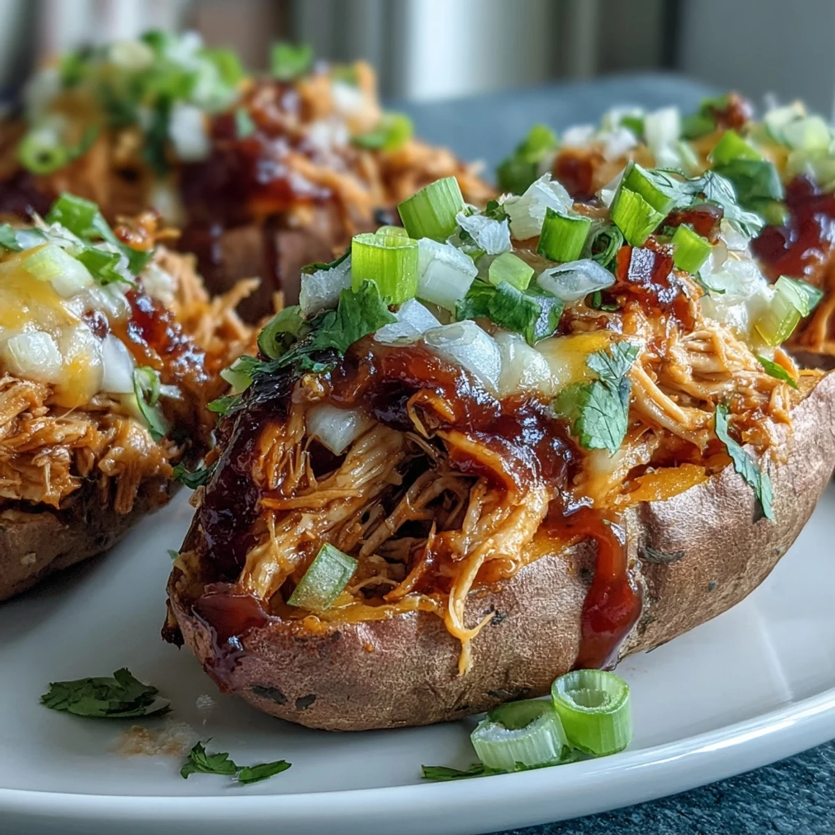 A serving of Honey BBQ Chicken Stuffed Sweet Potatoes with diced red onion and melted cheese, ready to enjoy for dinner.